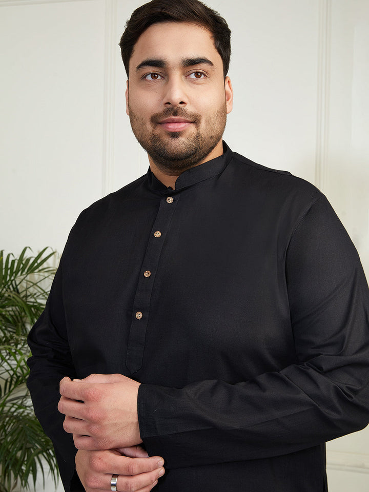 Plus Men's Black Cotton Linen Kurta