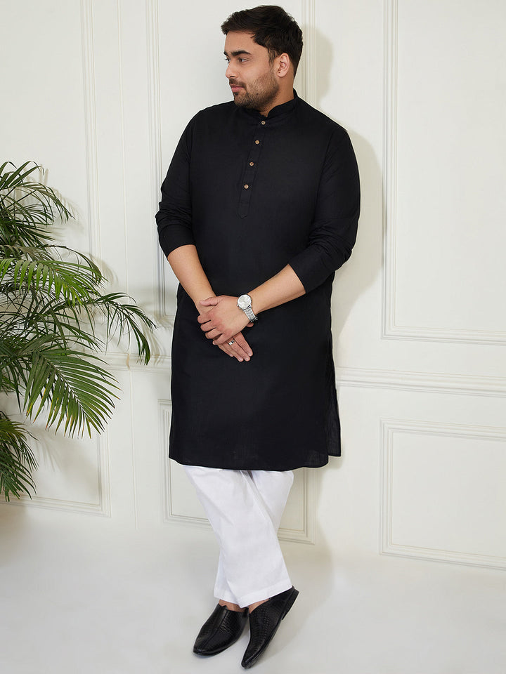 Plus Men's Black Cotton Linen Kurta