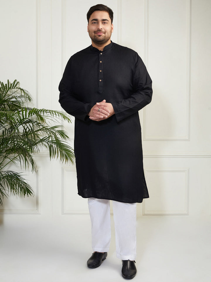 Plus Men's Black Cotton Linen Kurta Pyjama Set