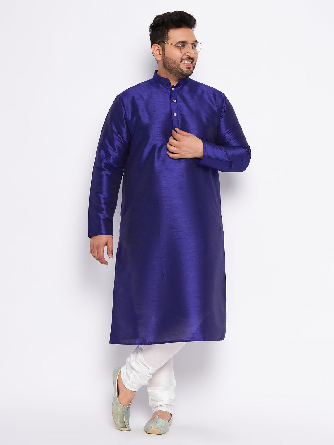 Men's Plus Size Dark Blue Silk Blend Kurta And White Pyjama Set