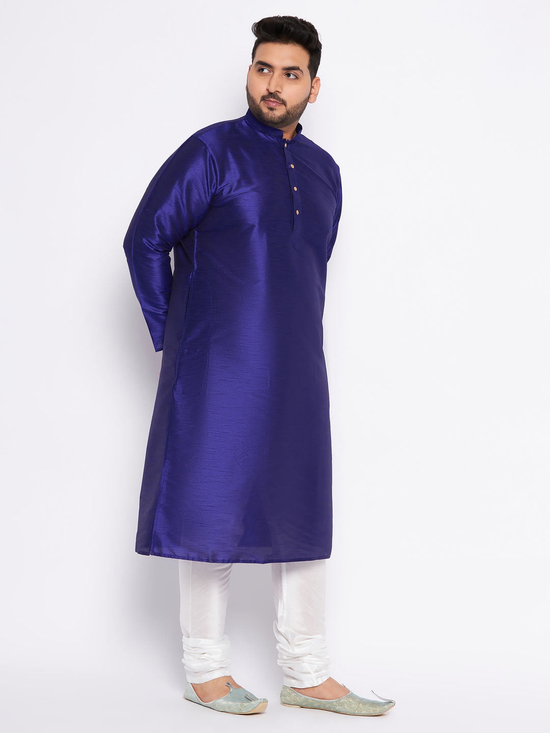 Men's Plus Size Dark Blue Silk Blend Kurta And White Pyjama Set