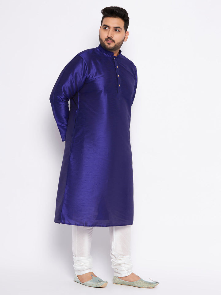 Men's Plus Size Dark Blue Silk Blend Kurta And White Pyjama Set