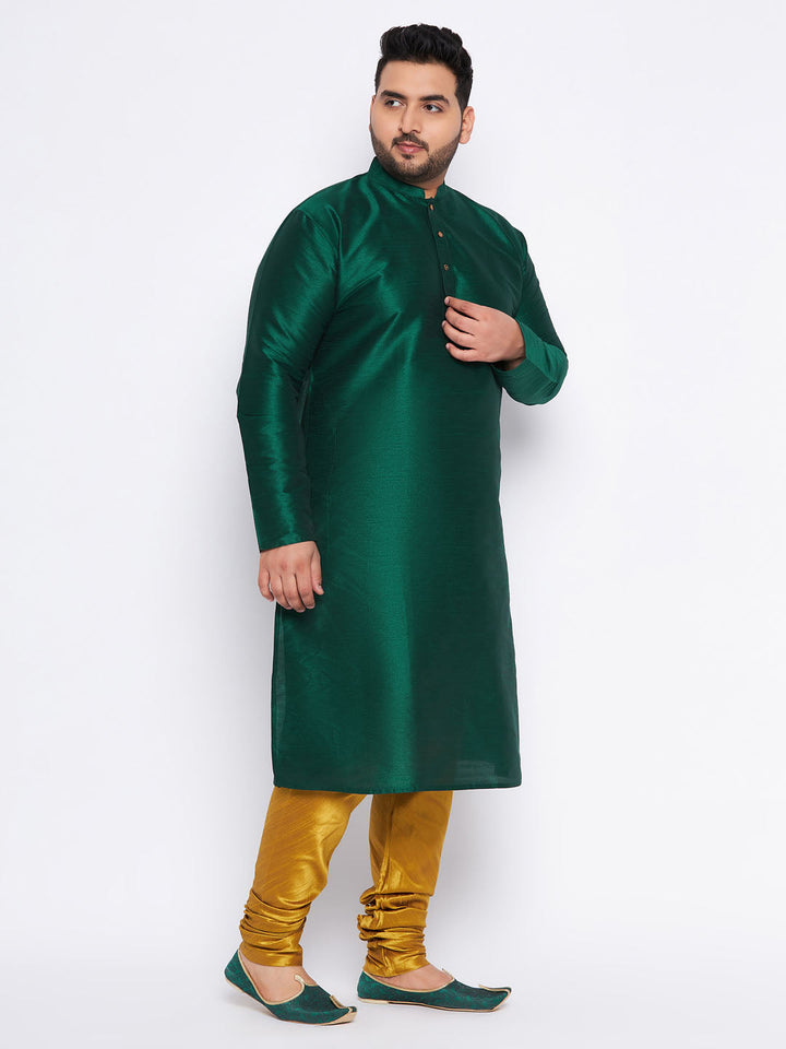 Men's Plus Size Green Silk Blend Kurta And Mustard Pyjama Set