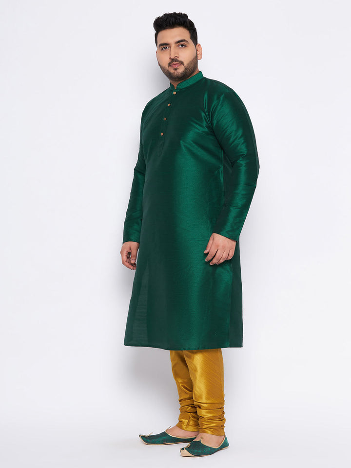 Men's Plus Size Green Silk Blend Kurta And Mustard Pyjama Set