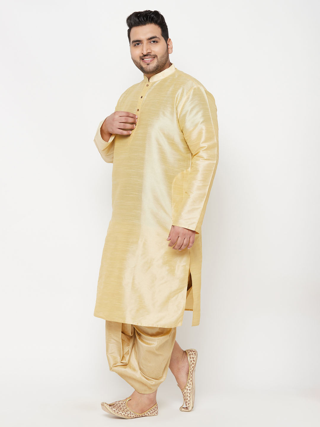 Men's Plus Size Gold Silk Blend Kurta And Gold Dhoti Set