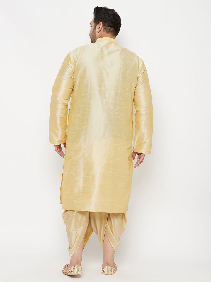 Men's Plus Size Gold Silk Blend Kurta And Gold Dhoti Set