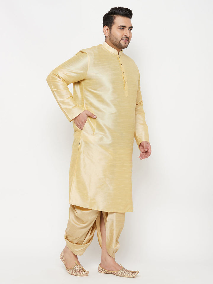 Men's Plus Size Gold Silk Blend Kurta And Gold Dhoti Set