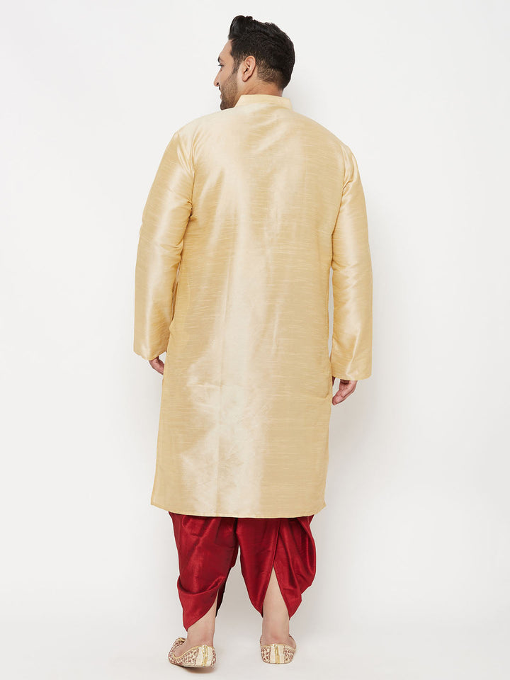 Men's Plus Size Gold Silk Blend Kurta And Maroon Solid Dhoti Set