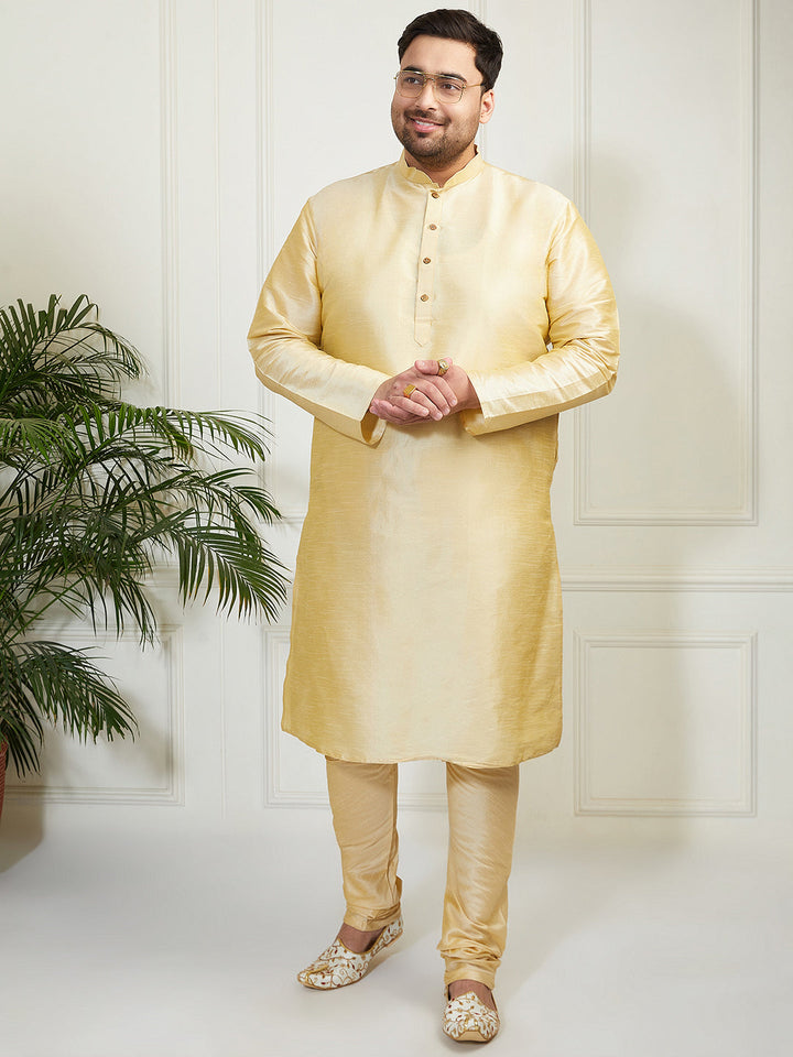 Plus Men's Gold Silk Blend Kurta, Pyjama