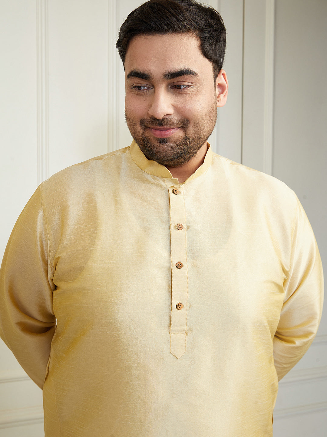 Plus Men's Gold Silk Blend Kurta, Pyjama