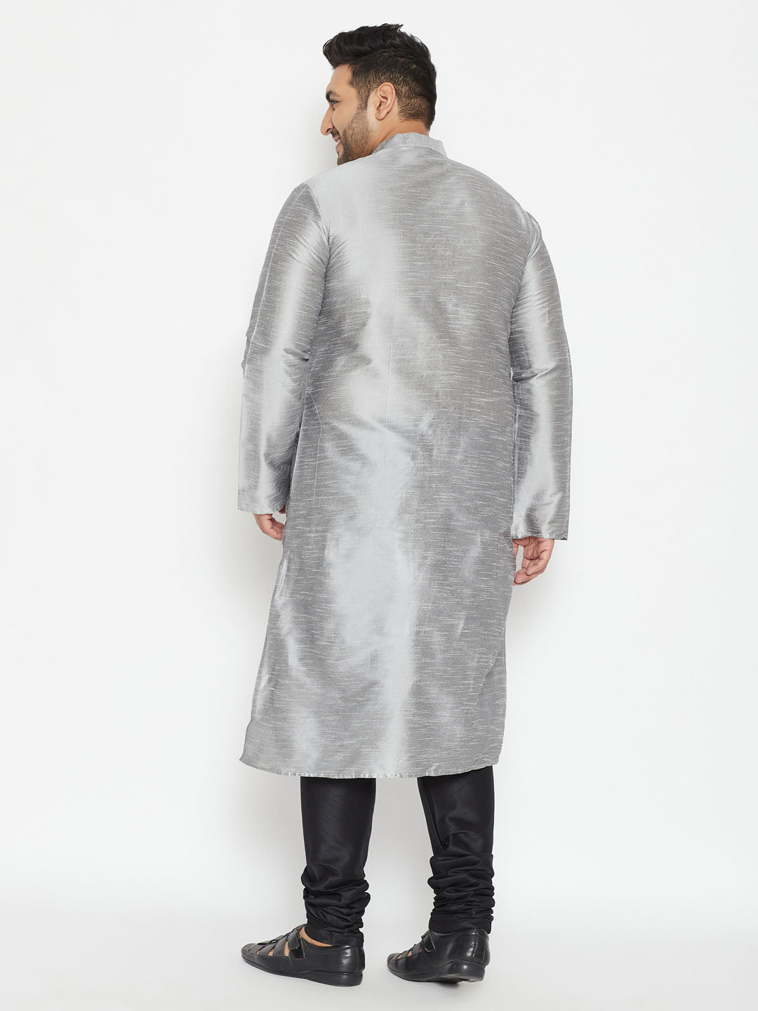 Men's Plus Size Grey And Black Silk Blend Kurta Pyjama Set
