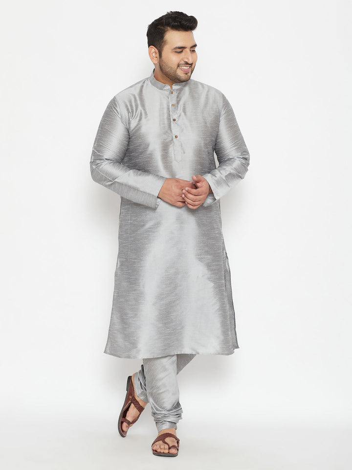 Men's Plus Size Grey Silk Blend Kurta Pyjama Set