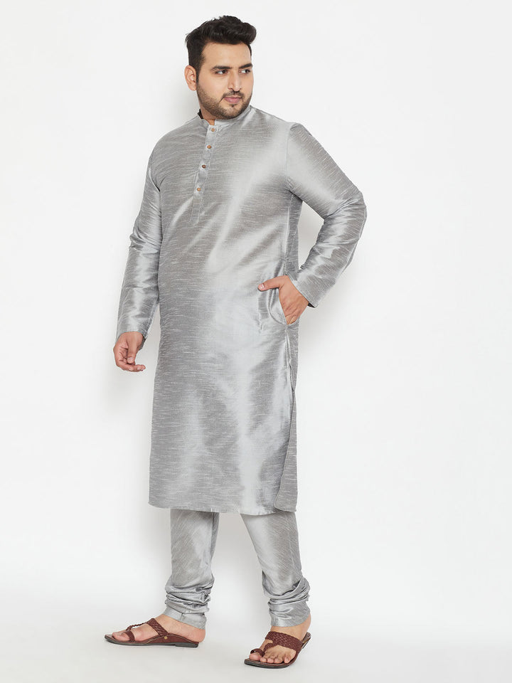 Men's Plus Size Grey Silk Blend Kurta Pyjama Set