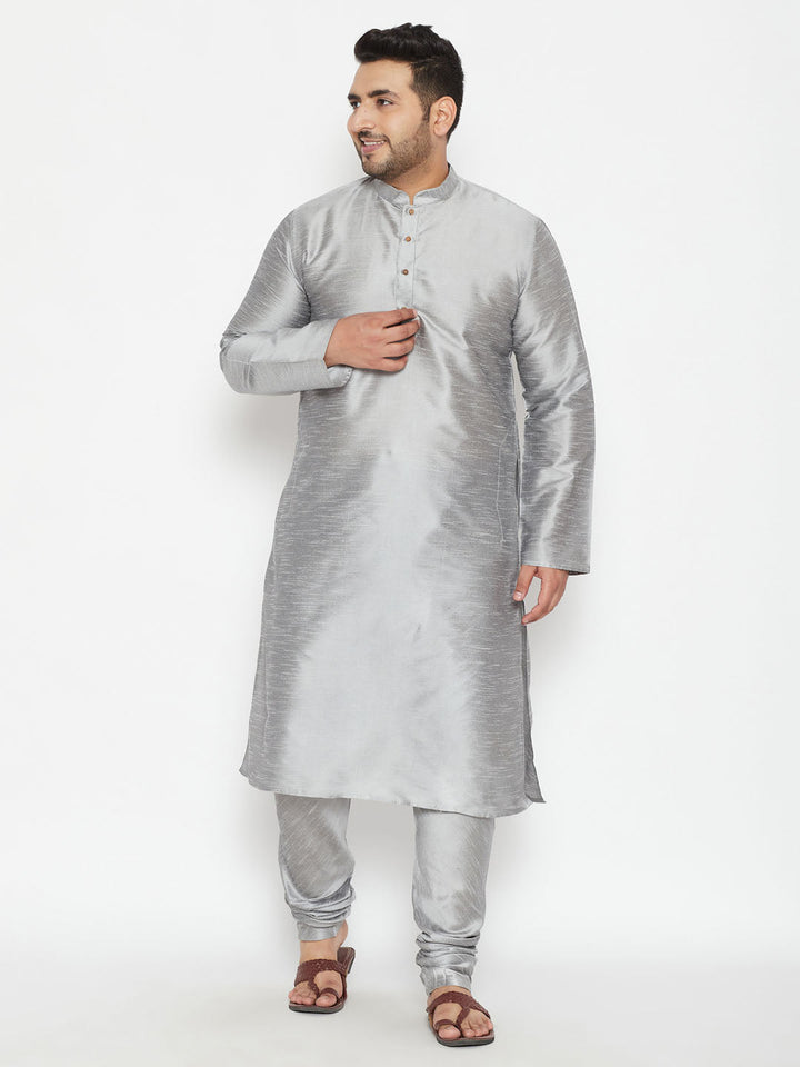 Men's Plus Size Grey Silk Blend Kurta Pyjama Set