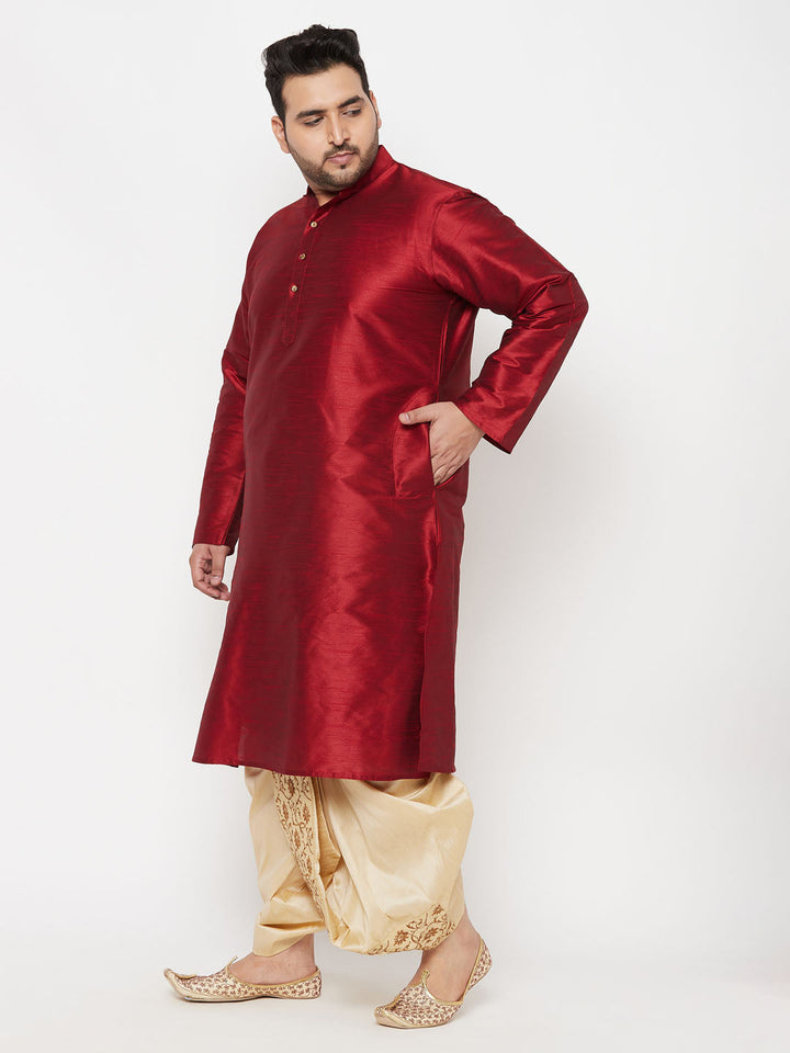 Men's Plus Size Maroon Silk Blend Kurta And Gold Dhoti Set