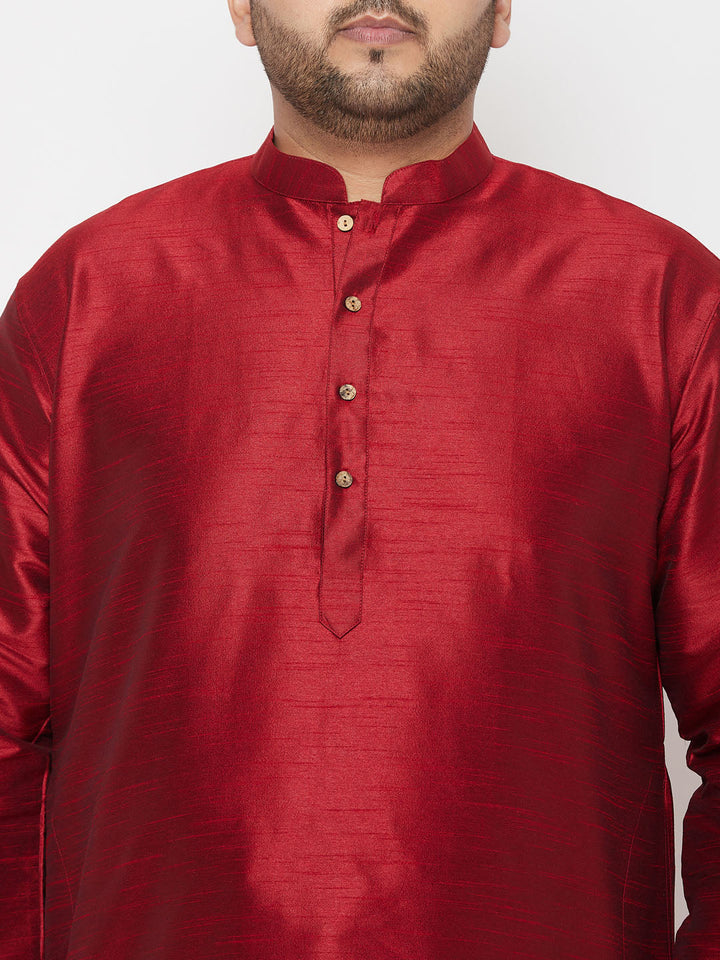 Men's Plus Size Maroon Silk Blend Kurta And Gold Dhoti Set