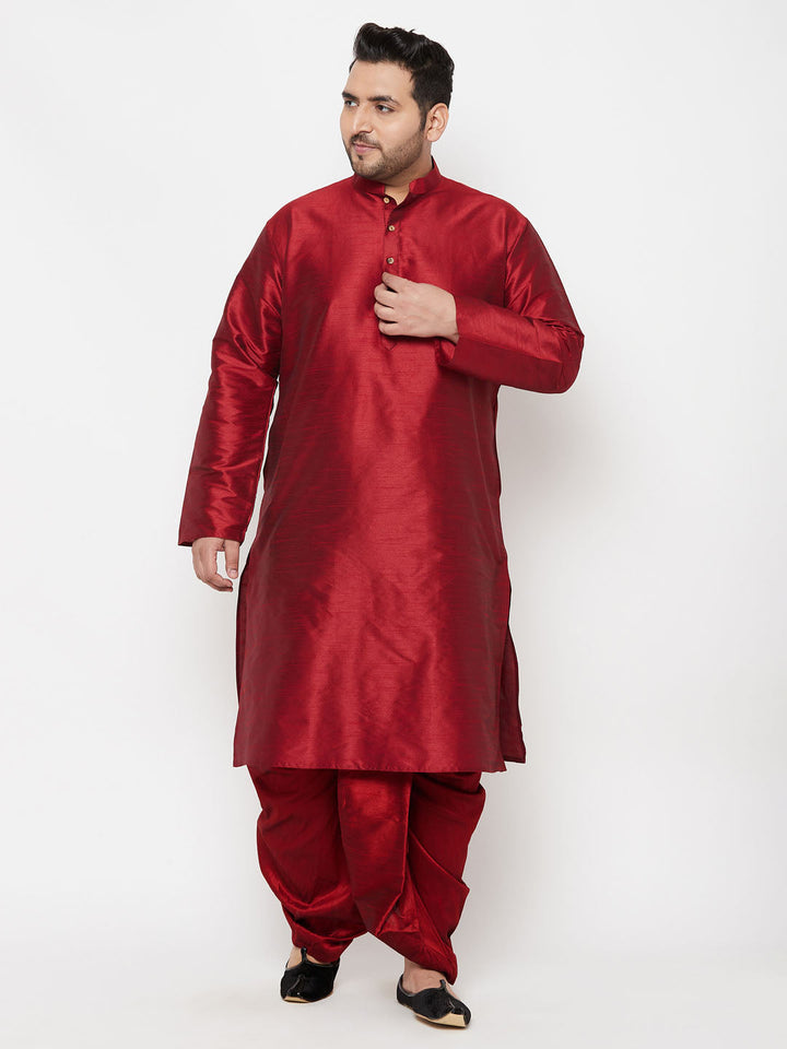 Men's Plus Size Maron Silk Blend Kurta And Maroon Solid Dhoti Set