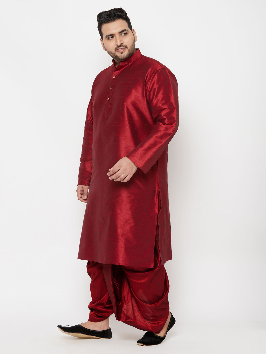 Men's Plus Size Maron Silk Blend Kurta And Maroon Solid Dhoti Set