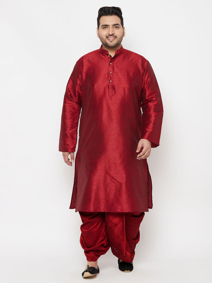 Men's Plus Size Maron Silk Blend Kurta And Maroon Solid Dhoti Set