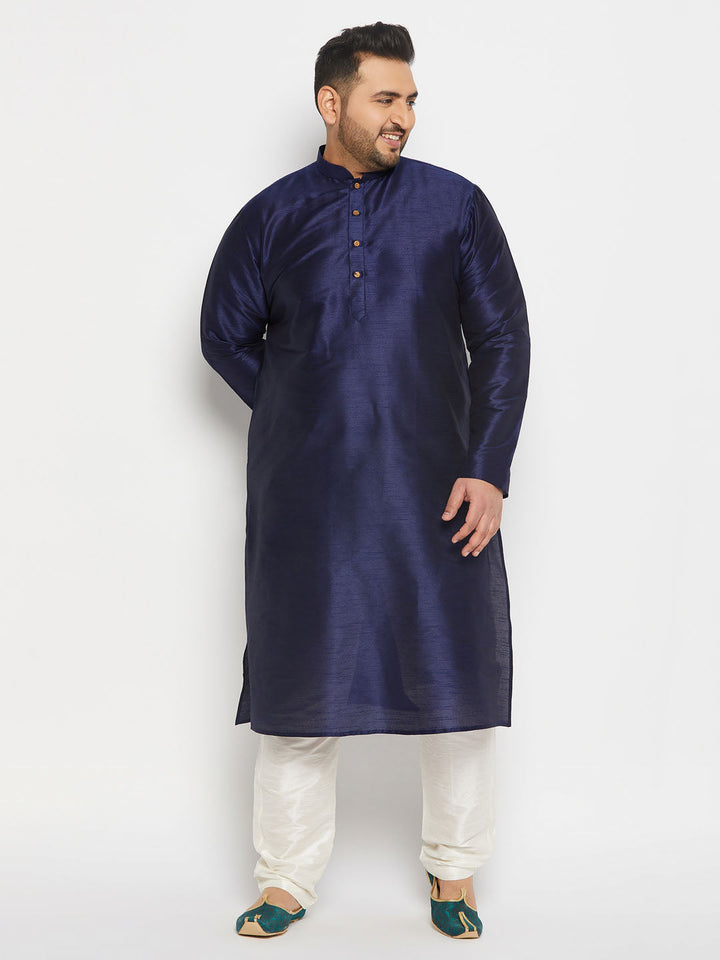 Men's Plus Size Navy Blue Silk Blend Kurta And Cream Pant Style Pyjama Set