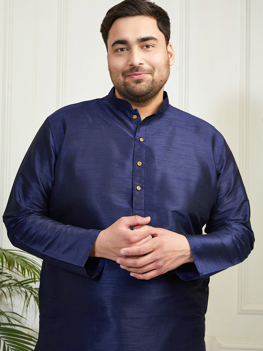 Plus Men's Navy Blue Silk Blend Kurta Pyjama Set