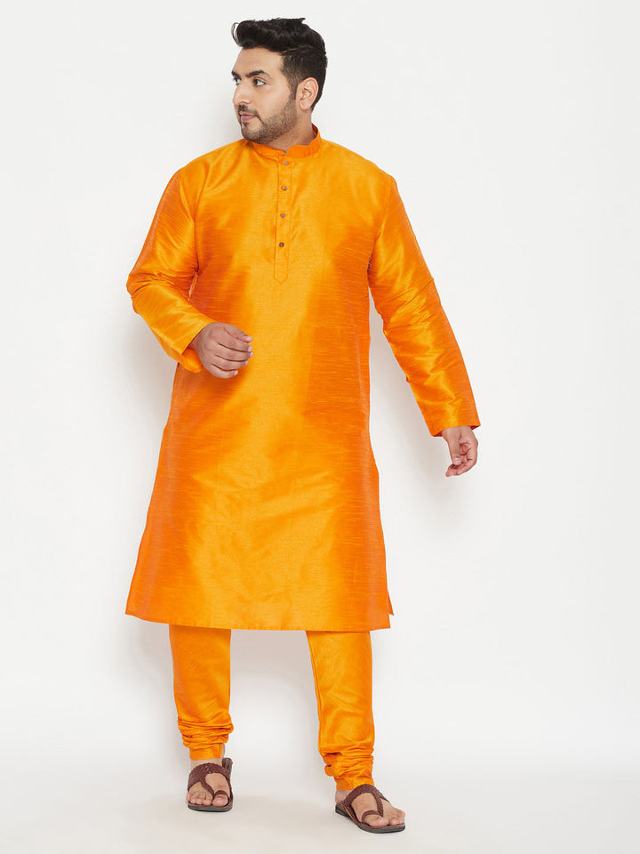 Men's Plus Size Orange Silk Blend Kurta Pyjama Set
