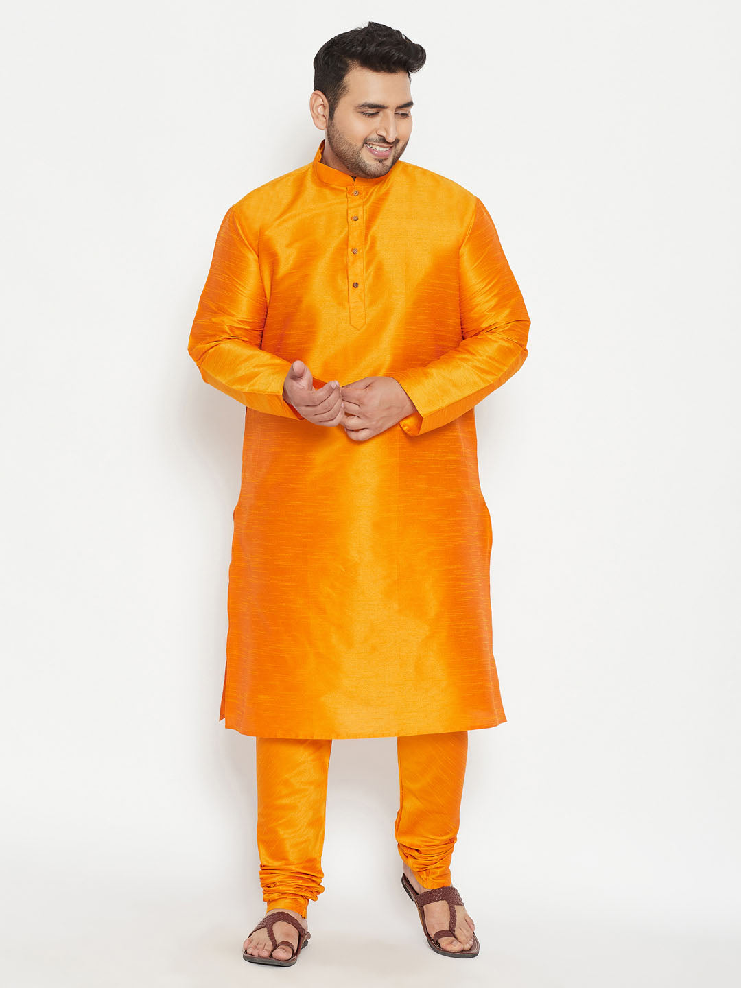 Men's Plus Size Orange Silk Blend Kurta Pyjama Set