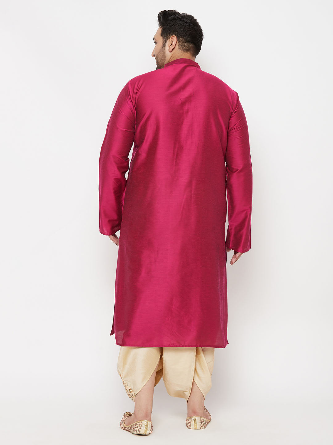 Men's Plus Size Fuchsia Silk Blend Kurta And Gold Dhoti Set