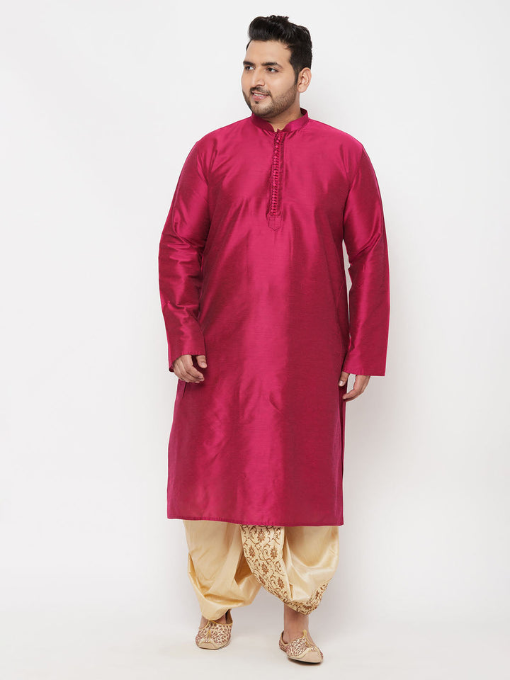 Men's Plus Size Fuchsia Silk Blend Kurta And Gold Dhoti Set