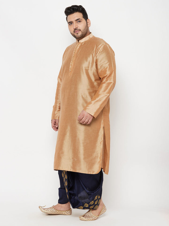 Men's Plus Size Viscose Rose Gold Silk Blend Kurta And Navy Blue Dhoti Set