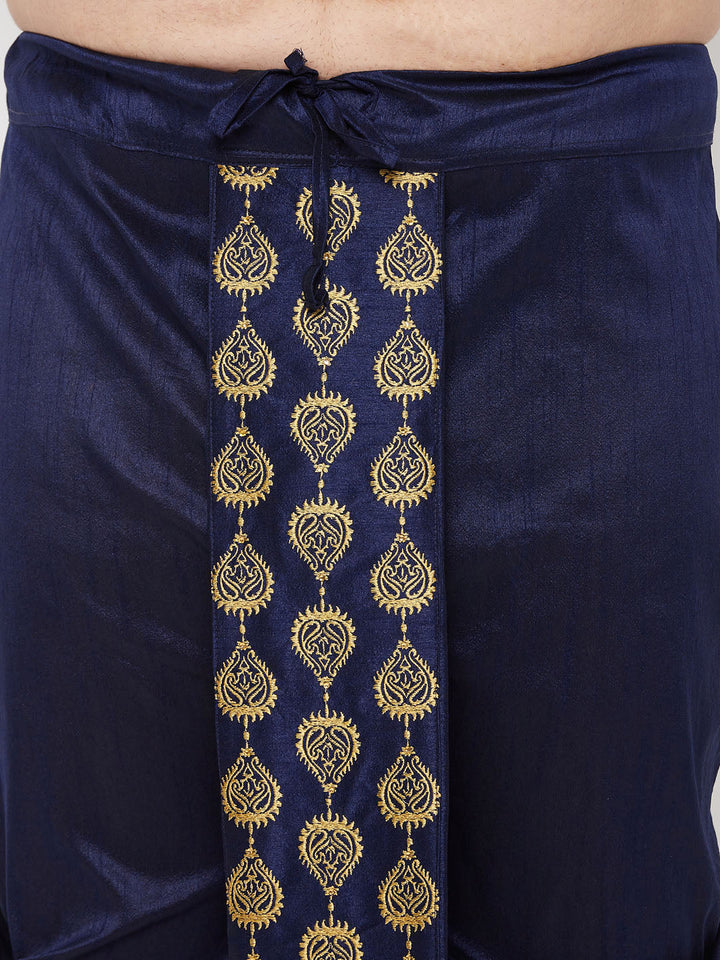 Men's Plus Size Viscose Rose Gold Silk Blend Kurta And Navy Blue Dhoti Set