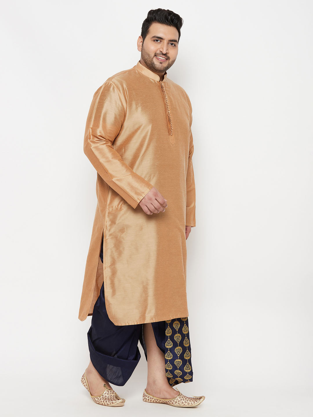 Men's Plus Size Viscose Rose Gold Silk Blend Kurta And Navy Blue Dhoti Set
