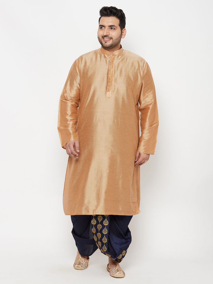 Men's Plus Size Viscose Rose Gold Silk Blend Kurta And Navy Blue Dhoti Set