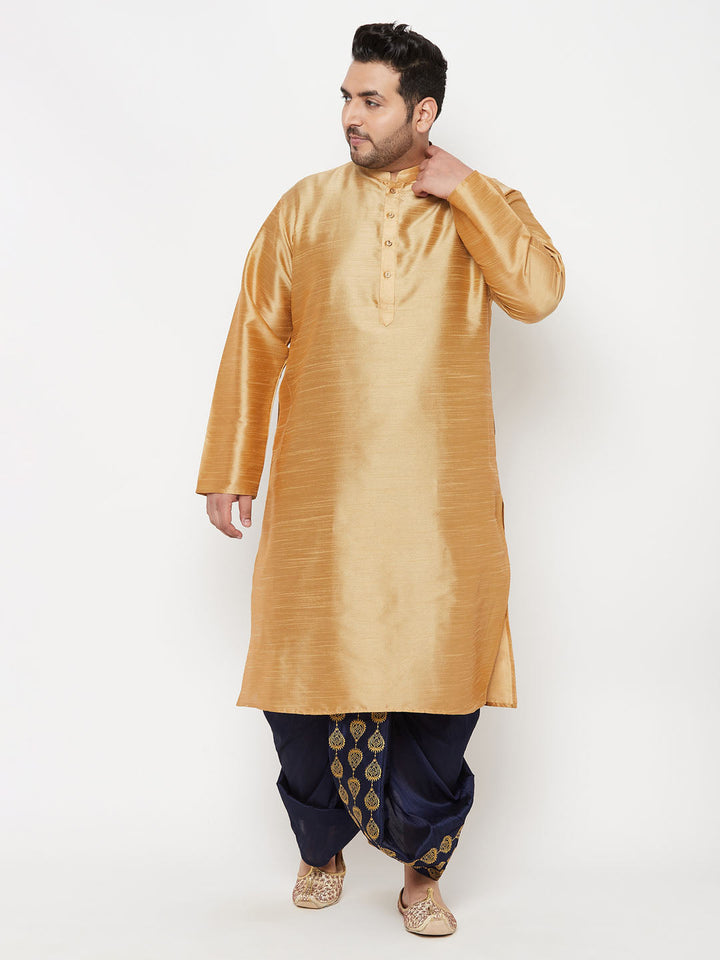 Men's Plus Size Rose Gold Silk Blend Kurta And Navy Blue Dhoti Set