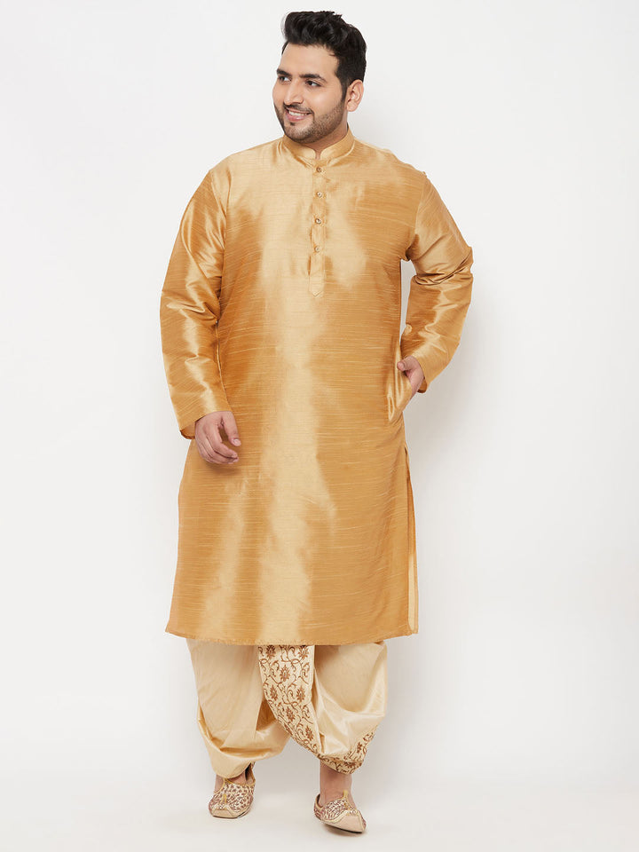 Men's Plus Size Rose Gold Silk Blend Kurta And Gold Dhoti Set