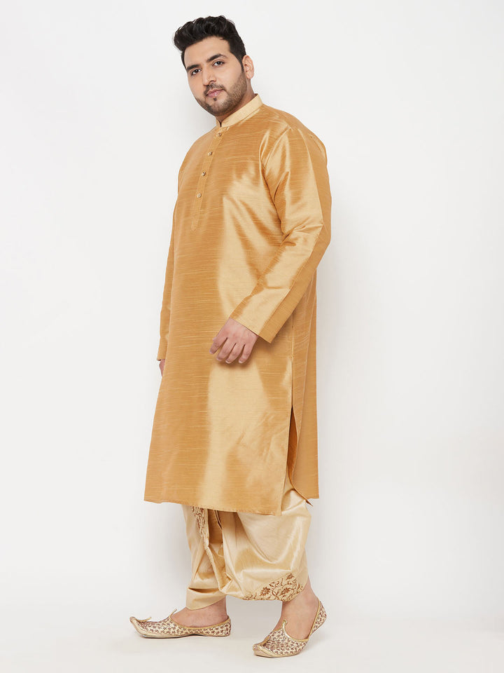 Men's Plus Size Rose Gold Silk Blend Kurta And Gold Dhoti Set