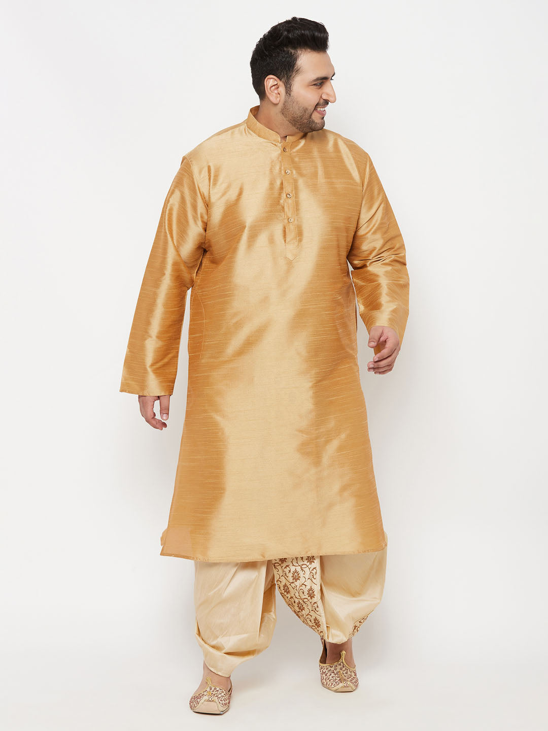 Men's Plus Size Rose Gold Silk Blend Kurta And Gold Dhoti Set