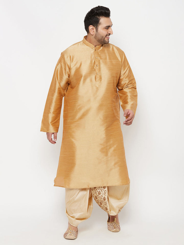 Men's Plus Size Rose Gold Silk Blend Kurta And Gold Dhoti Set