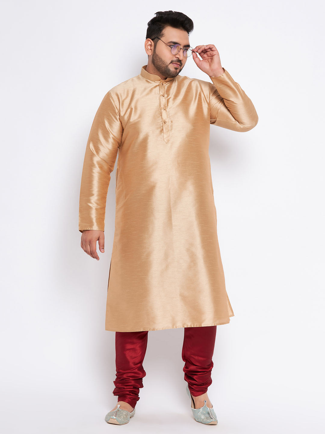 Men's Plus Size Rose Gold Silk Blend Kurta And Maroon Pyjama Set