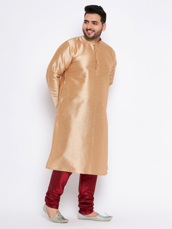 Men's Plus Size Rose Gold Silk Blend Kurta And Maroon Pyjama Set