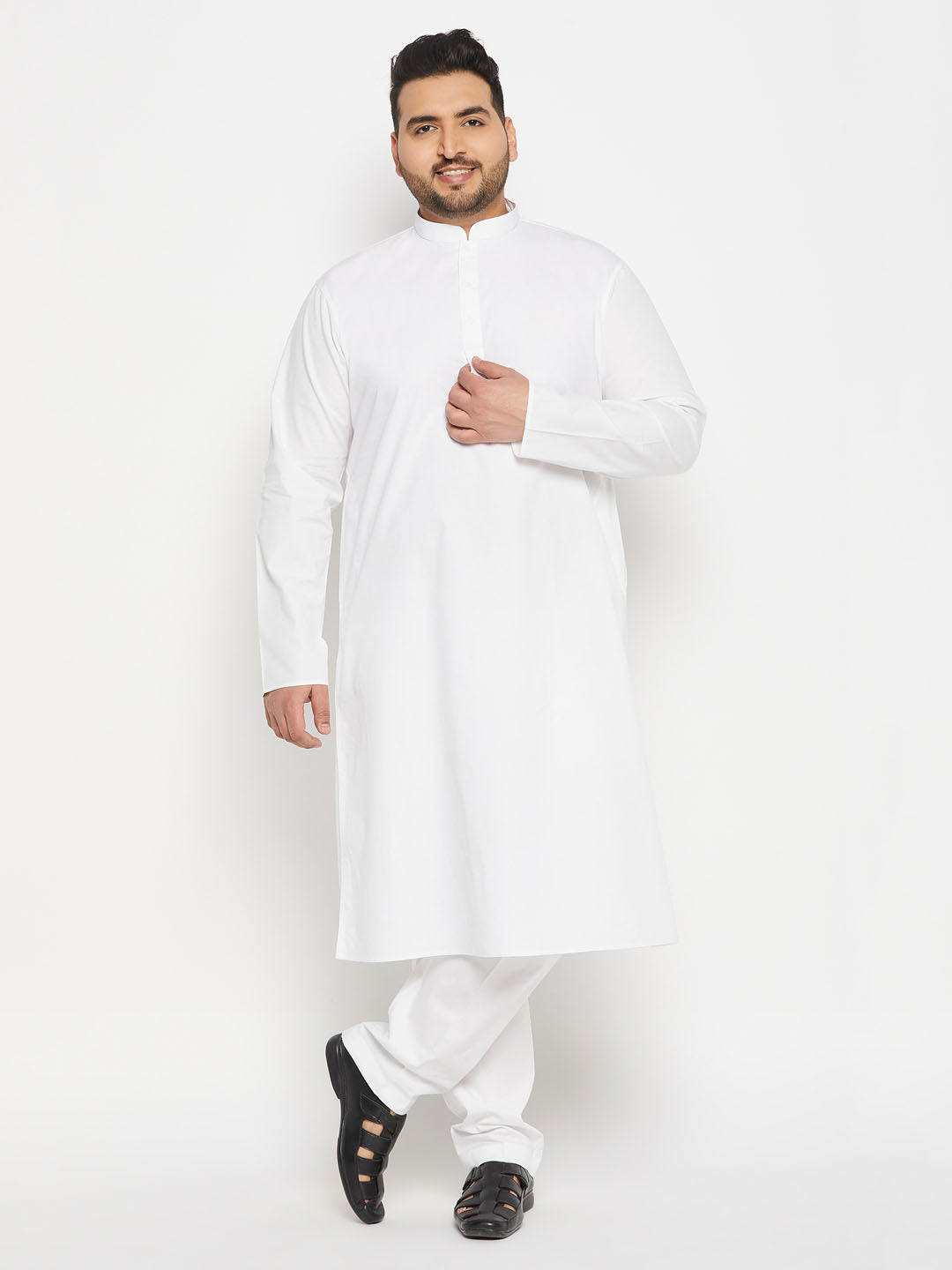 Men's Plus Size White Cotton Blend Kurta And Cotton Pant Style Pyjama Set