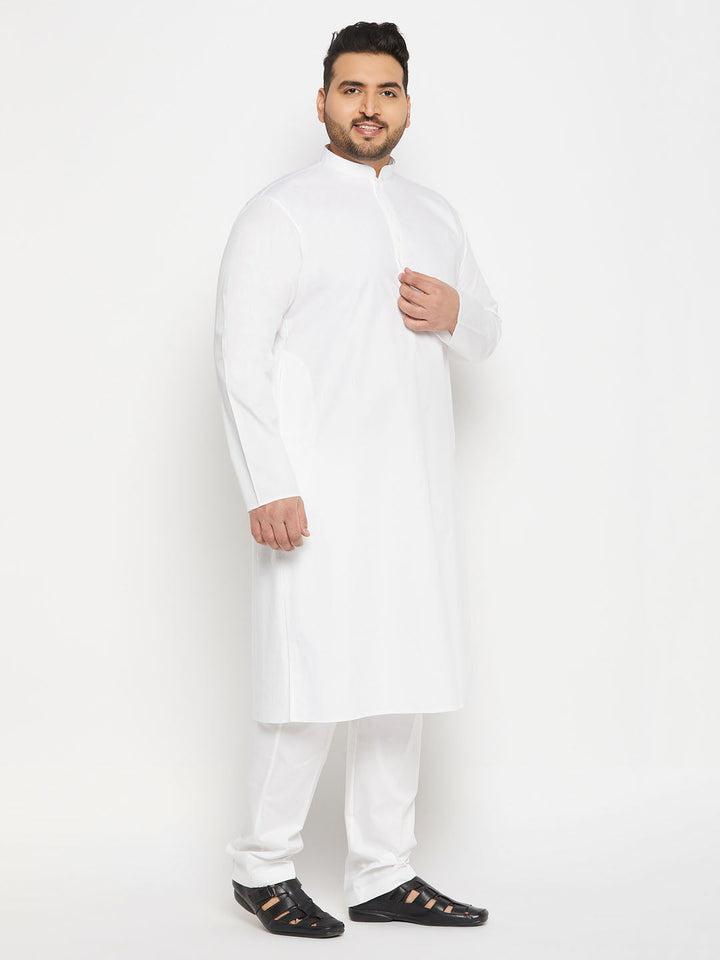 Men's Plus Size White Cotton Blend Kurta And Cotton Pant Style Pyjama Set