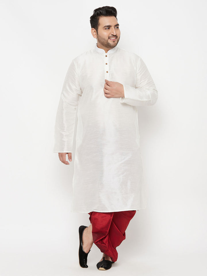 Men's Plus Size White Silk Blend Kurta And Maroon Solid Dhoti Set