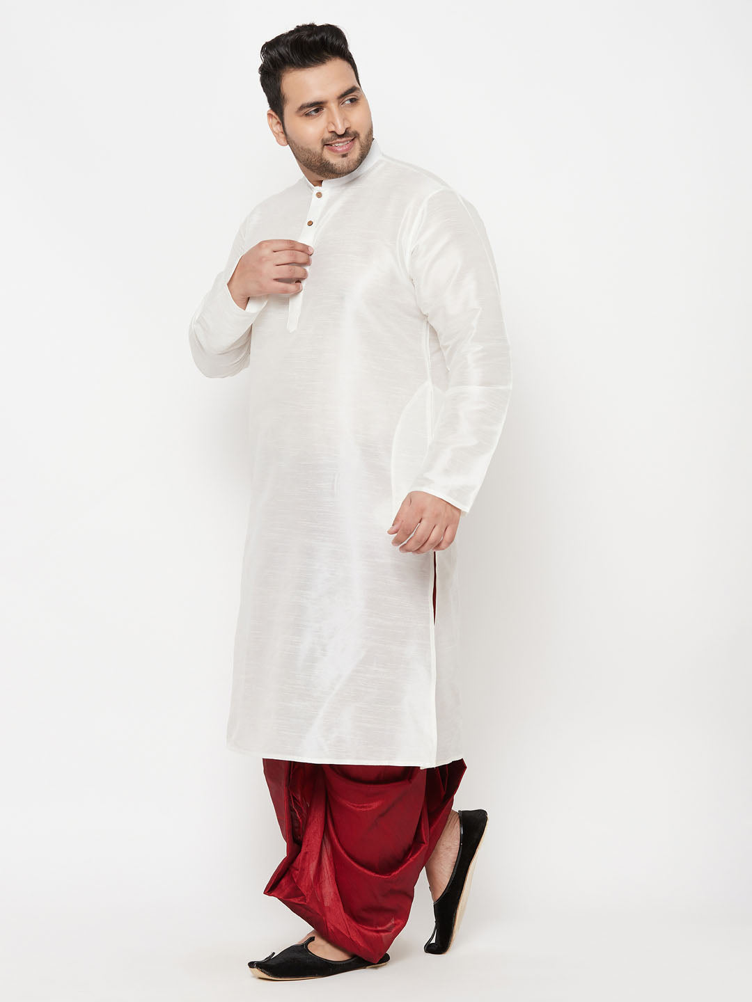 Men's Plus Size White Silk Blend Kurta And Maroon Solid Dhoti Set