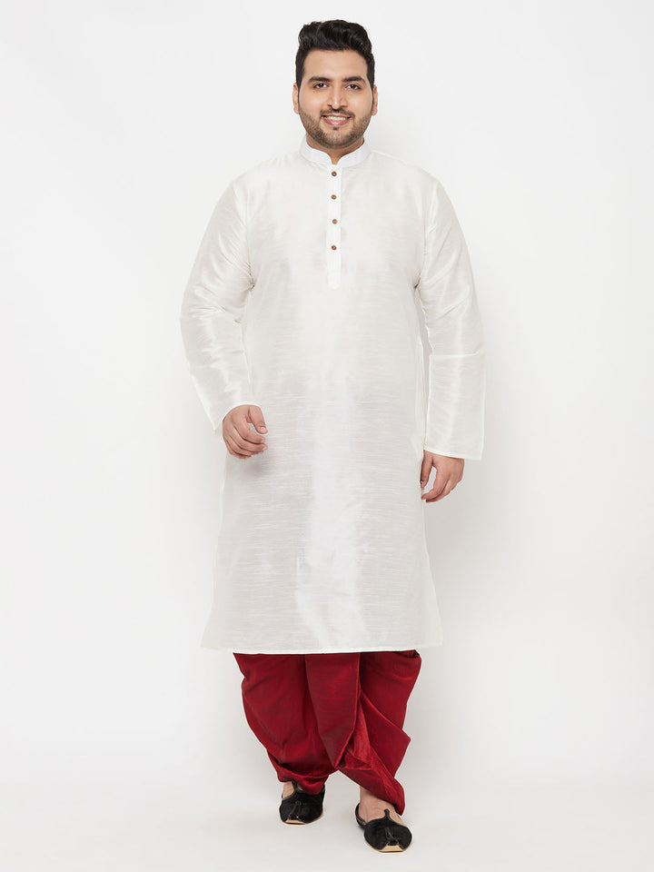 Men's Plus Size White Silk Blend Kurta And Maroon Solid Dhoti Set