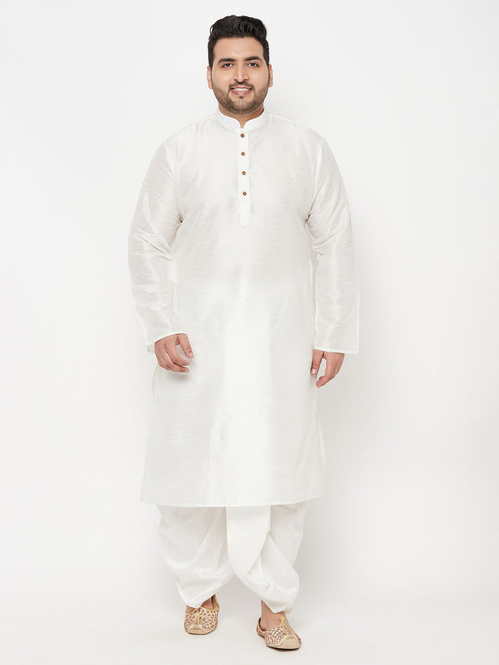 Men's Plus Size White Cotton Blend Kurta And White Dhoti Set