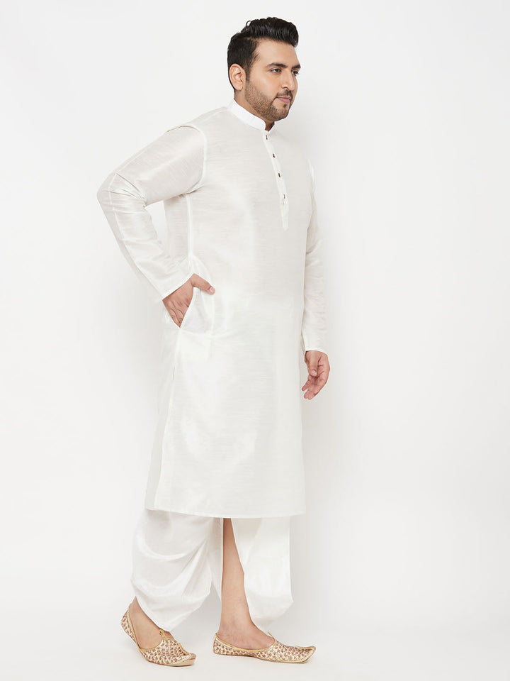 Men's Plus Size White Cotton Blend Kurta And White Dhoti Set