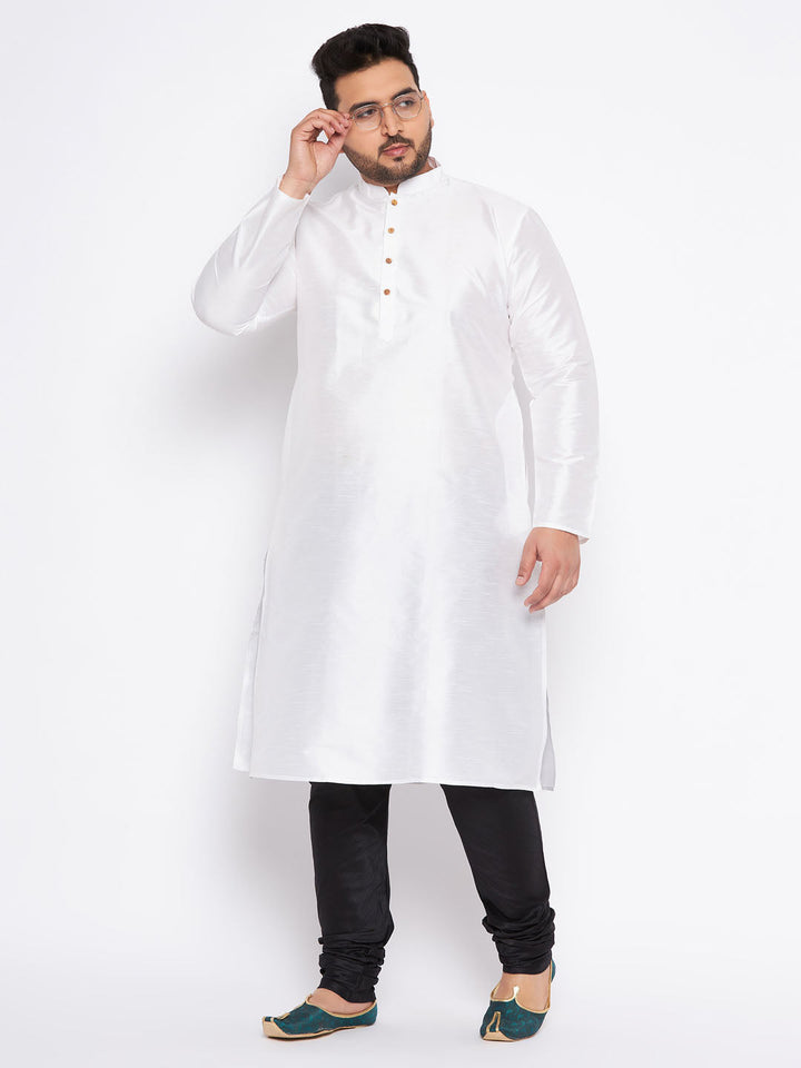 Men's Plus Size White Silk Blend Kurta And Black Pyjama Set