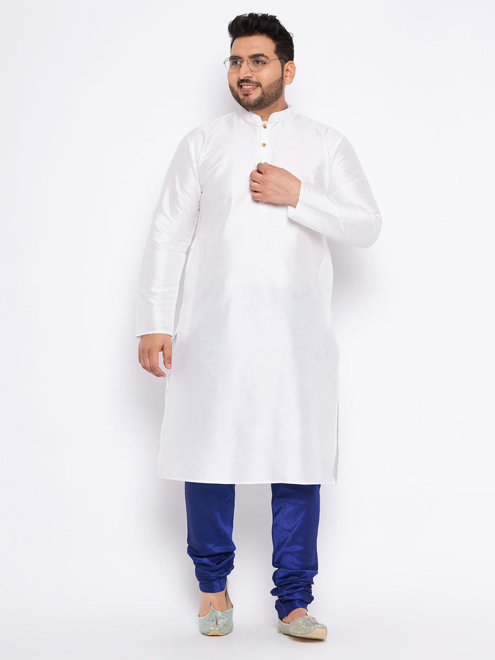 Men's Plus Size White Silk Blend Kurta And Blue Pyjama Set