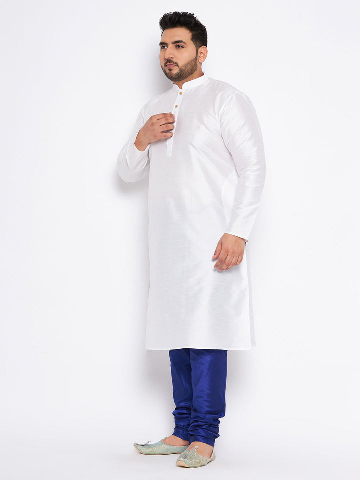 Men's Plus Size White Silk Blend Kurta And Blue Pyjama Set